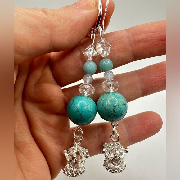 SALE! 3" dangle earrings in silver tone metal with glass, stone, ceramic beads! - Picture 1 of 10